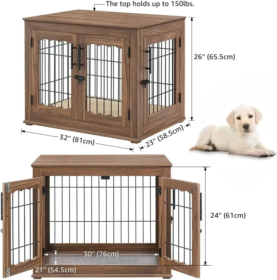 Double Doors Wooden Wire Dog Kennel