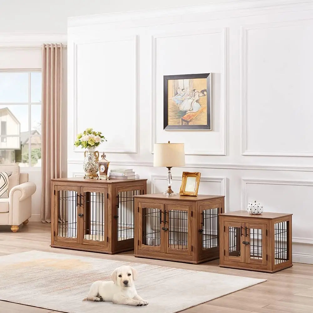 Double Doors Wooden Wire Dog Kennel