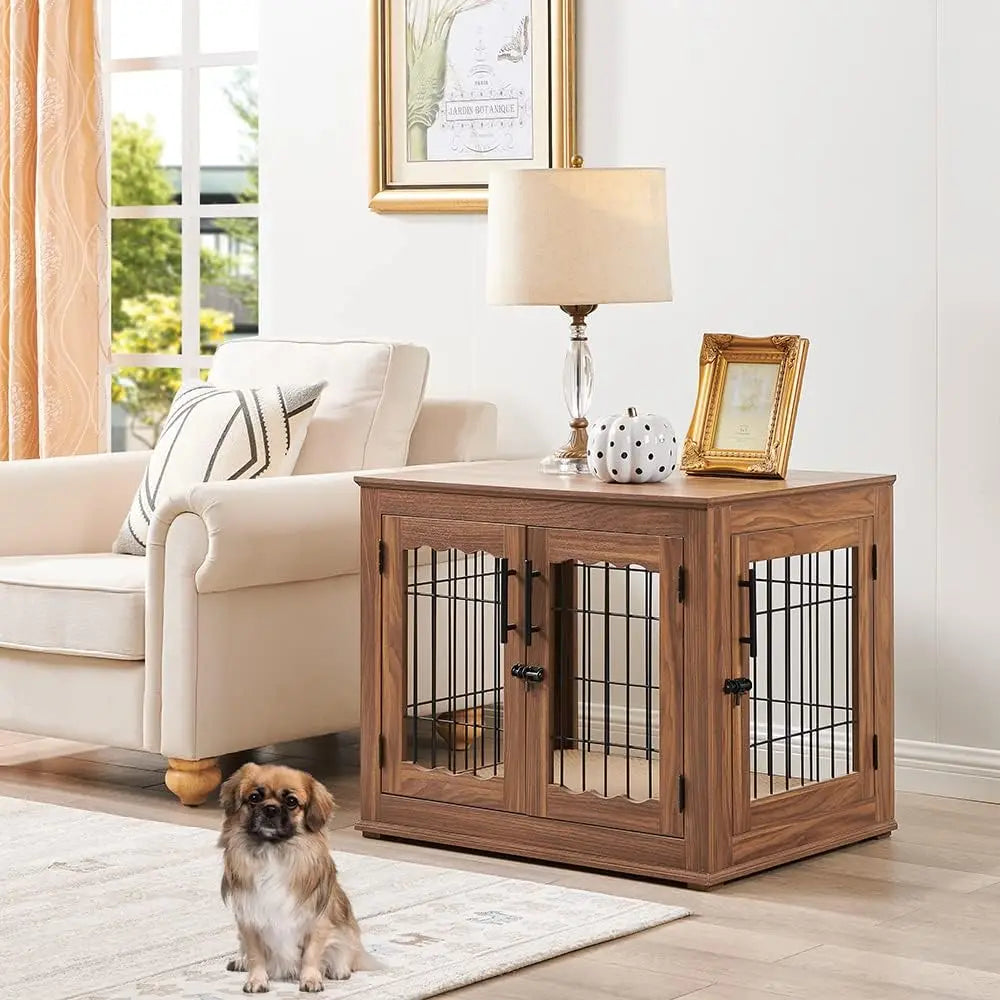 Double Doors Wooden Wire Dog Kennel